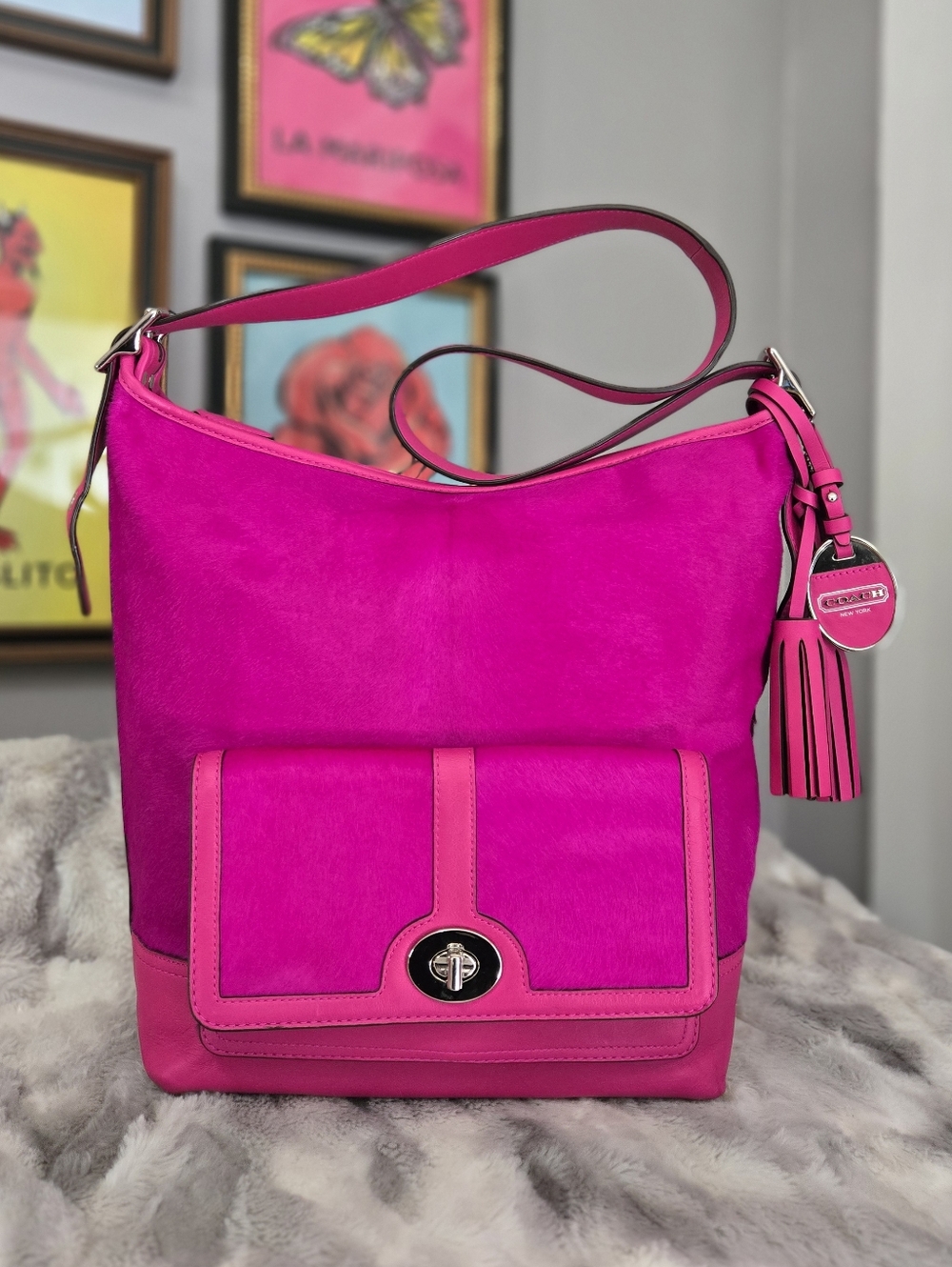 Limited Edition Hot Pink Coach Calfhair Legacy Duffle Handbag Purse 21158